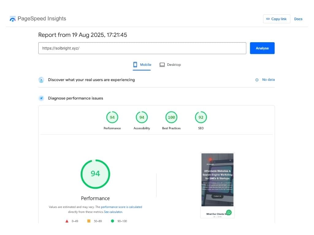 pagespeed insights of solbright.xyz