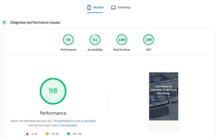 pagespeed result of solbright.xyz