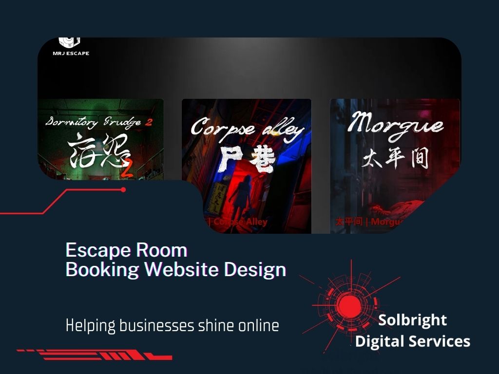 Escape room booking website design featuring MrJEscape by Solbright