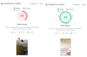 Google Pagespeed insights of a painting company before and after web redesign by Solbright