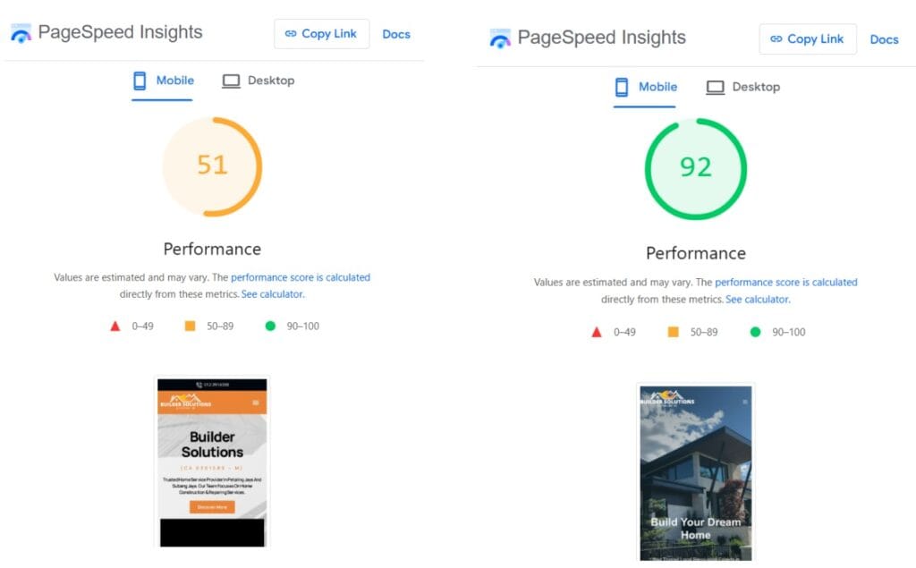 Google Pagespeed insights of a renovation company before and after web redesign by Solbright