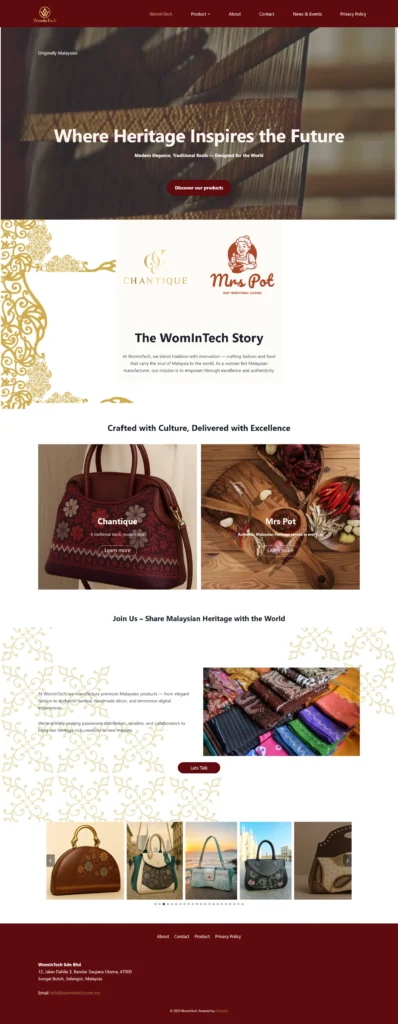 Website design layout of WomInTech, a trading company, designed by Solbright