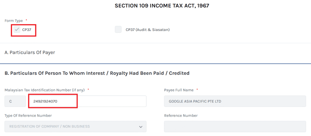 Screenshot showing how to fill up the information of Google on the eWHT form