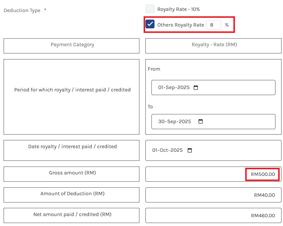 Screenshot on how to fill up the payment details for witholding tax