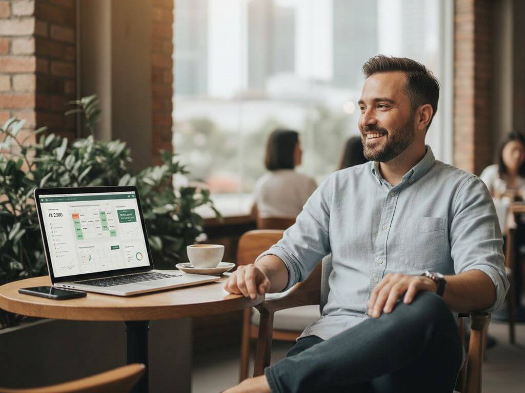 a sme business owner having a peace of mind in a cafe as his customer bookings are managed on his website