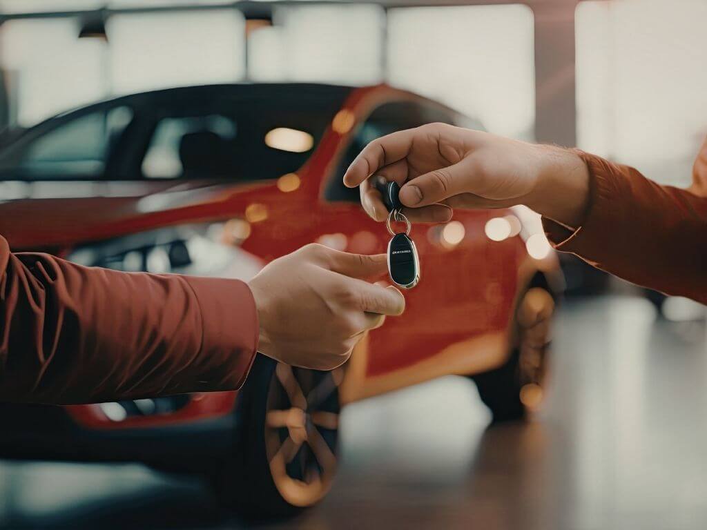 a car rental agent passing the car key to the customer