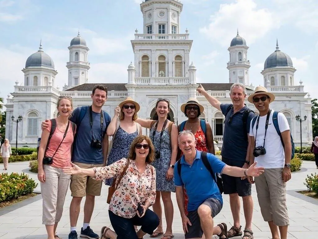 a group of tourists posing front of the Sultan Abu Bakar State Mosque