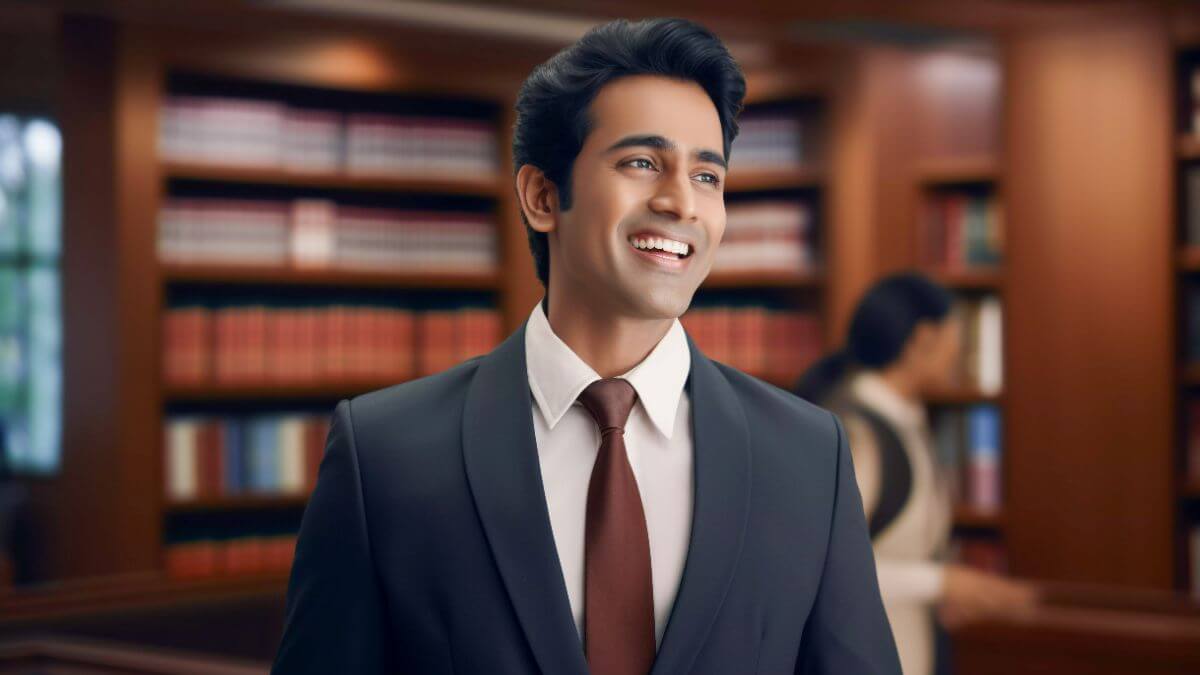 an indian lawyer smiling confidently