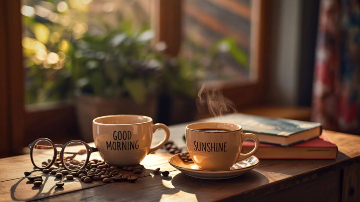 coffee cups on a table next to a window