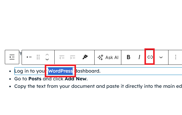 a screenshot on how to add a link on wordpress blog