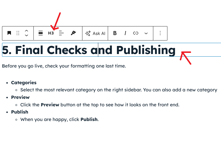 a screenshot on how to set heading tag on wordpress blog