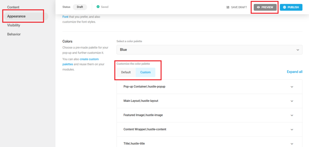 screenshot on the Hustle plugin pop up appearance setting
