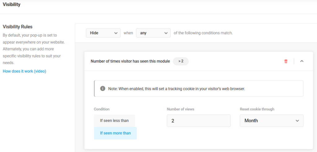 Screenshot on the visibility rule of the Hustle pop-ups