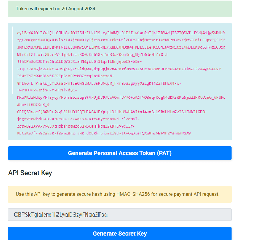 screenshot on how to obtain PAT and secret key on bayarcash